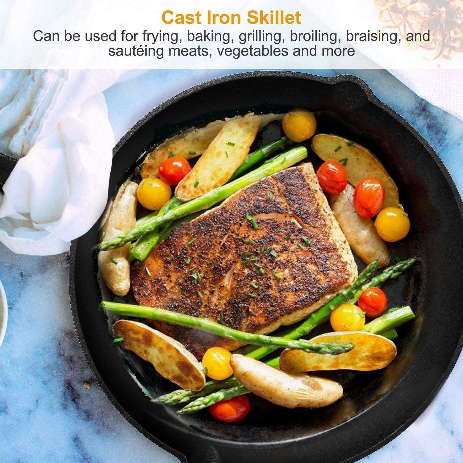 3Pcs Pre-Seasoned Cast Iron Skillet Set 6/8/10in Non-Stick Oven Safe Cookware Heat-Resistant Frying Pan Doba